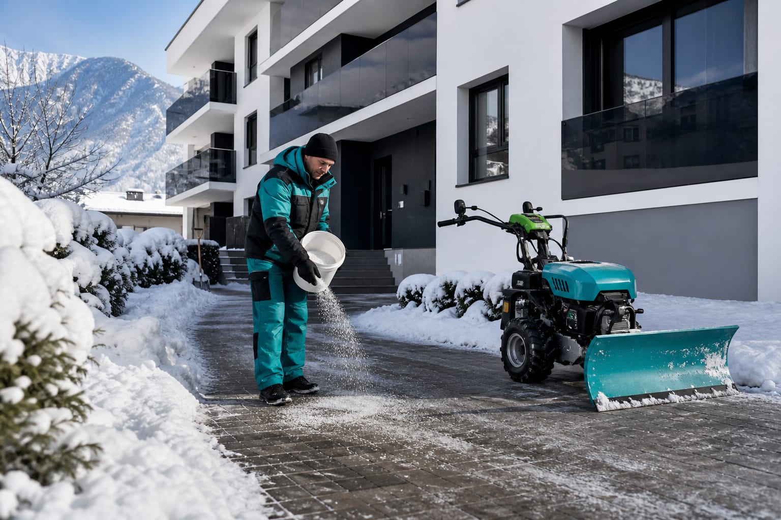 Winterdienst vor einer Wohnanlage